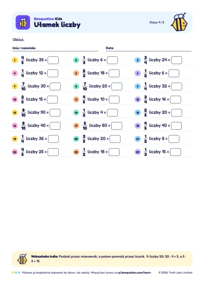 Podgląd karty pracy „Ułamek liczby”